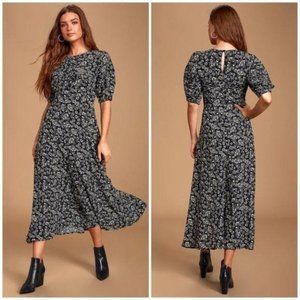 Free People Jessie Black Floral Puff Sleeve Dress Size 0 NWT High Round Neck